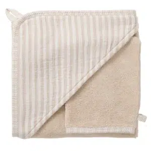 CAPE DE BAIN + GANT RAYÉ EN BAMBOU & GAZE DE COTON GALET