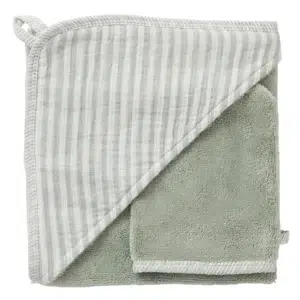 CAPE DE BAIN + GANT RAYÉ EN BAMBOU & GAZE DE COTON VERT DE GRIS