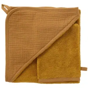 CAPE DE BAIN + GANT EN BAMBOU & GAZE DE COTON HAVANE